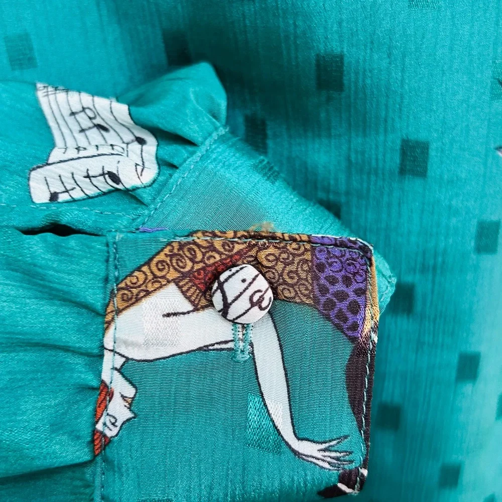 VINTAGE 80s Diane Von Furstenberg DVF Piano Player Art Deco Blouse Teal M - Picture 7 of 7